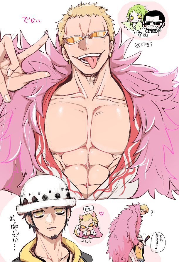 trafalgar law, donquixote doflamingo, monet, and vergo (one piece) drawn by nashieda