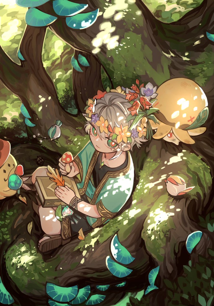 alhaitham, kaveh, aranara, and fungi (genshin impact) drawn by lalamilali
