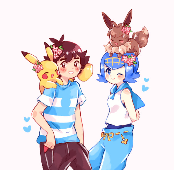 pikachu, ash ketchum, eevee, and lana (pokemon and 1 more) drawn by catsubun_(kkst0904)
