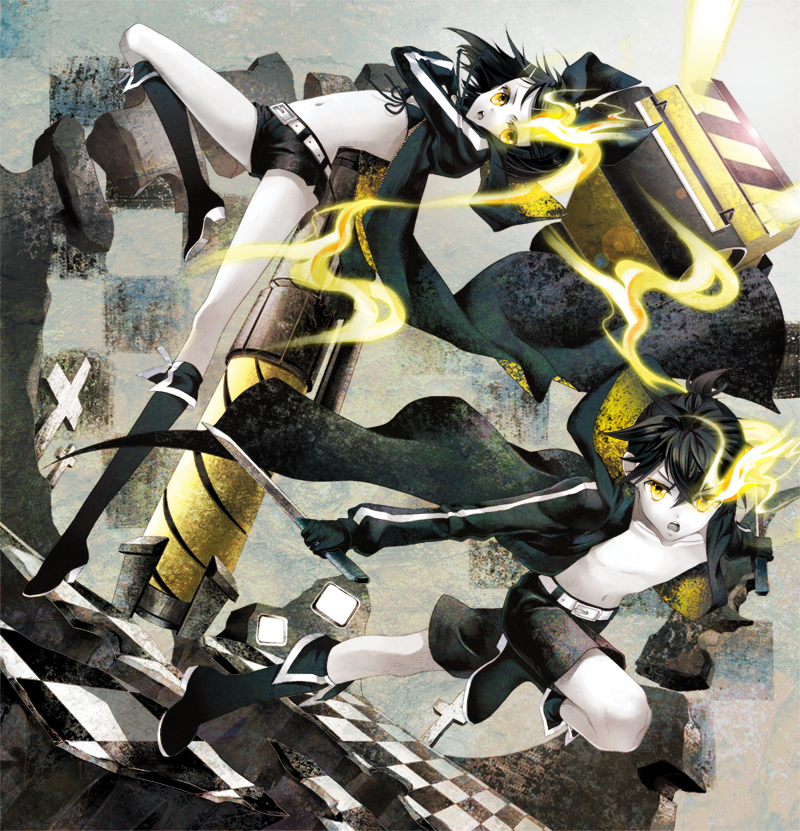 kagamine rin, kagamine len, and black rock shooter (vocaloid and 1 more) drawn by cocoon_(loveririn)