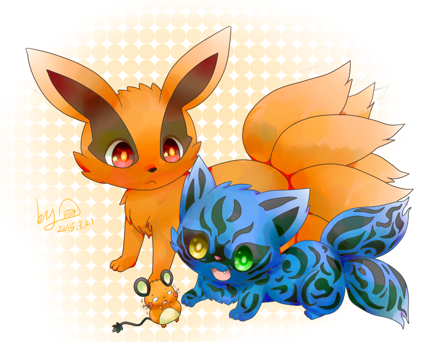dedenne, kurama, and matatabi (pokemon and 1 more) drawn by onigiri_(tokkun-chu)