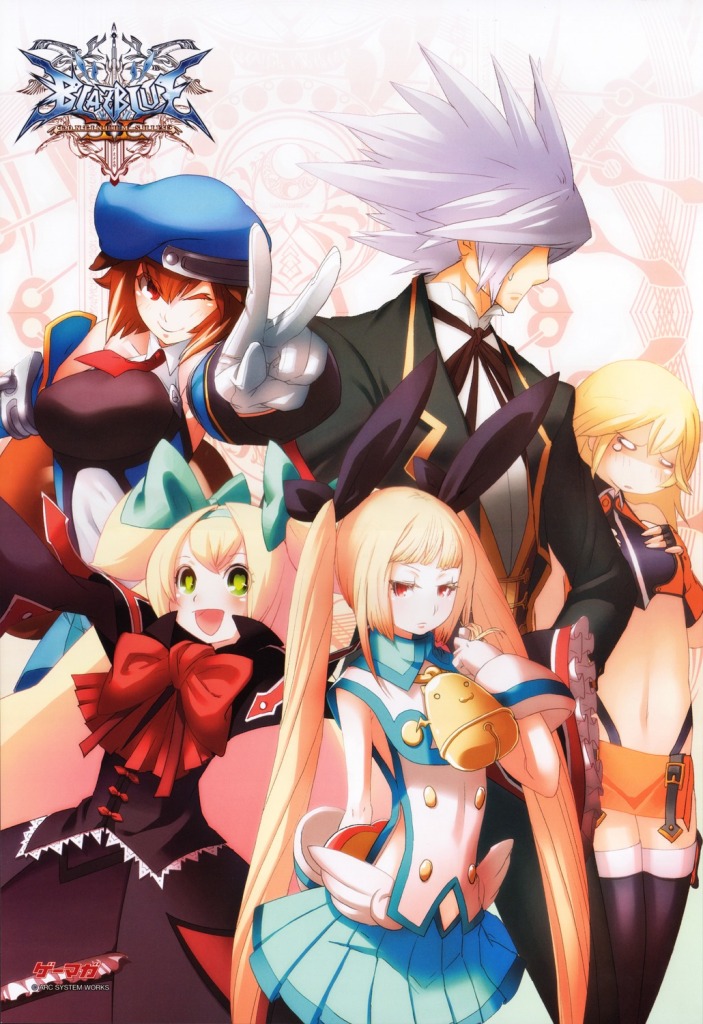 makoto nanaya, noel vermillion, ragna the bloodedge, rachel alucard, platinum the trinity, and 2 more (blazblue and 1 more)