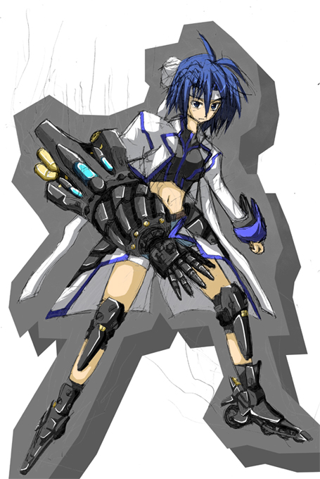 subaru nakajima, revolver knuckle, and mach caliber (lyrical nanoha and 1 more) drawn by higo_(11)