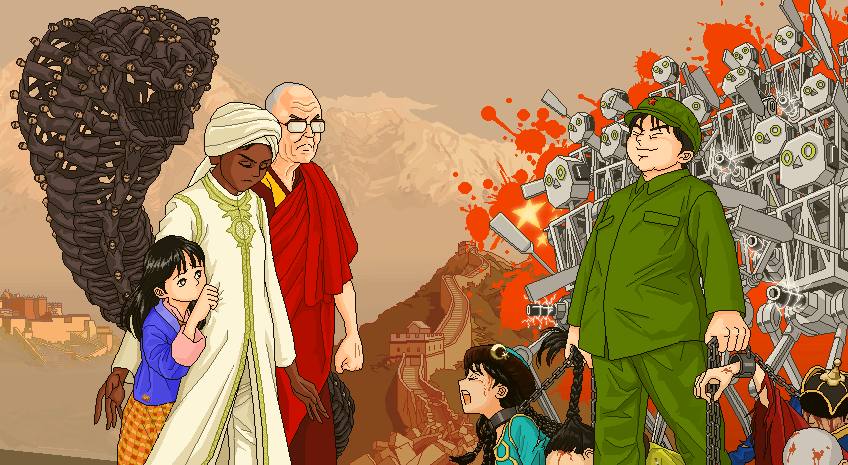 mao zedong, senkousha, 14th dalai lama, chuugo, and jawaharlal nehru (nihon-chan and 1 more) drawn by sun_(artist)