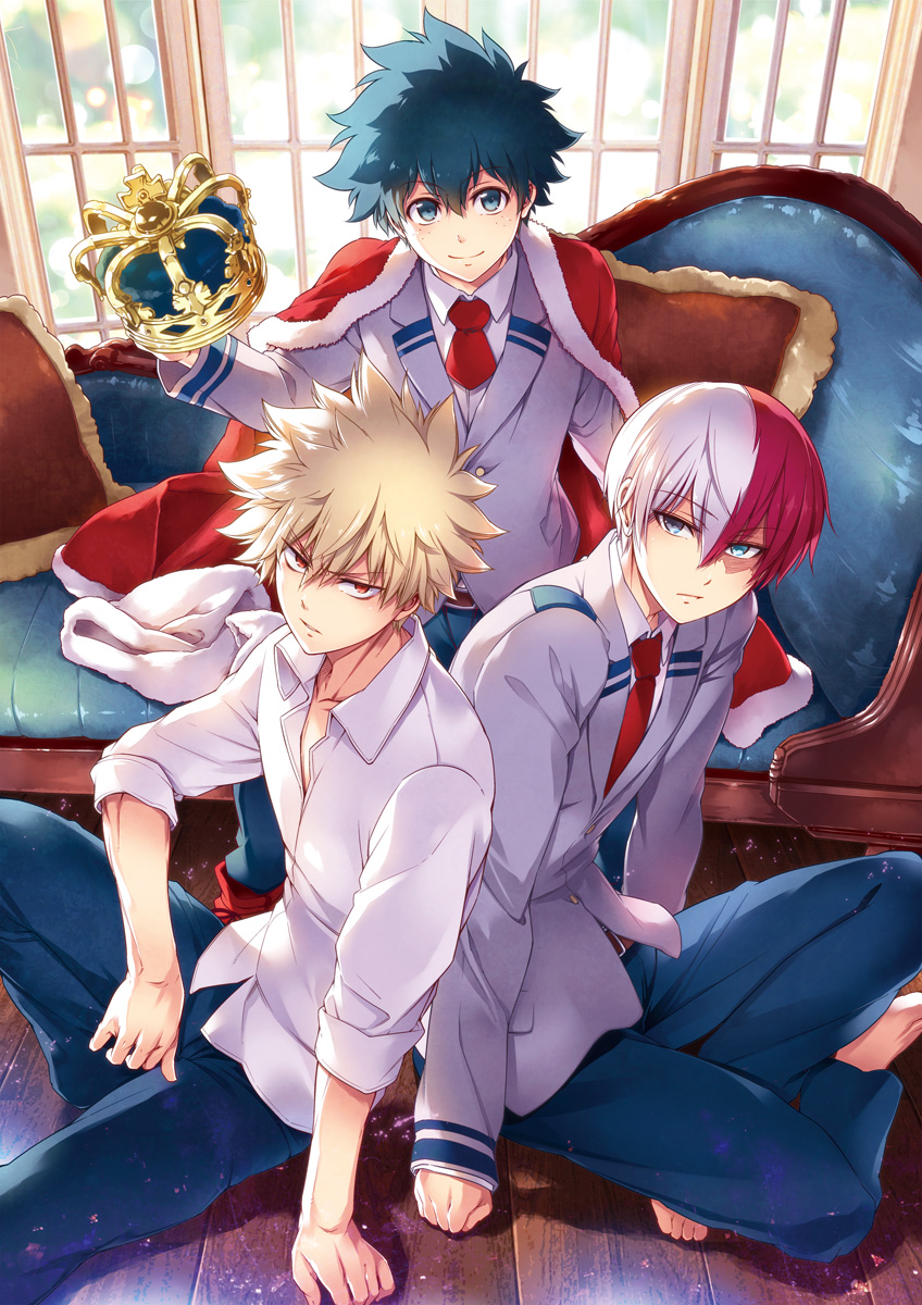 midoriya izuku, bakugou katsuki, and todoroki shoto (boku no hero academia) drawn by omega_2-d