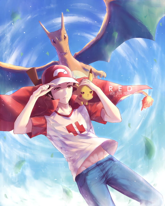pikachu, red, and charizard (pokemon and 1 more) drawn by shuryukan