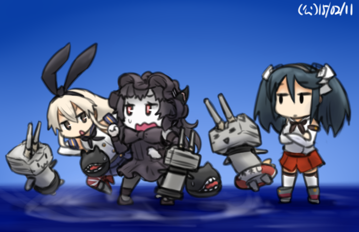 shimakaze, rensouhou-chan, isuzu, isolated island oni, and floating fortress (kantai collection) drawn by hamu_koutarou