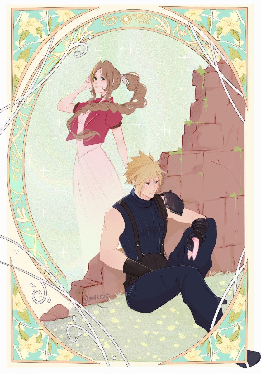 cloud strife and aerith gainsborough (final fantasy and 3 more) drawn by vanekairi