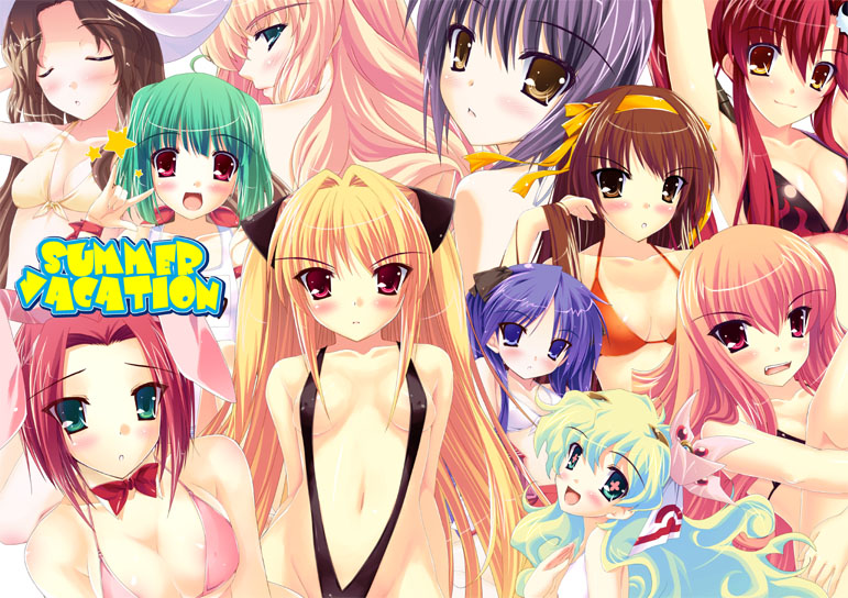 suzumiya haruhi, nagato yuki, hiiragi kagami, yoko littner, nia teppelin, and 6 more (suzumiya haruhi no yuuutsu and 7 more) drawn by yukiusagi_(gaballscreen&blaze)