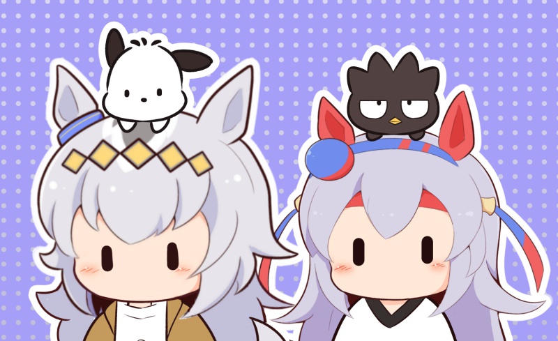 oguri cap, tamamo cross, pochacco, and badtz-maru (umamusume and 1 more) drawn by gomashio_(goma_feet)