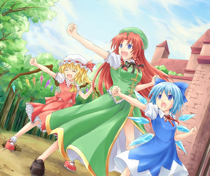 flandre scarlet, cirno, and hong meiling (touhou) drawn by sakimiya_(inschool)