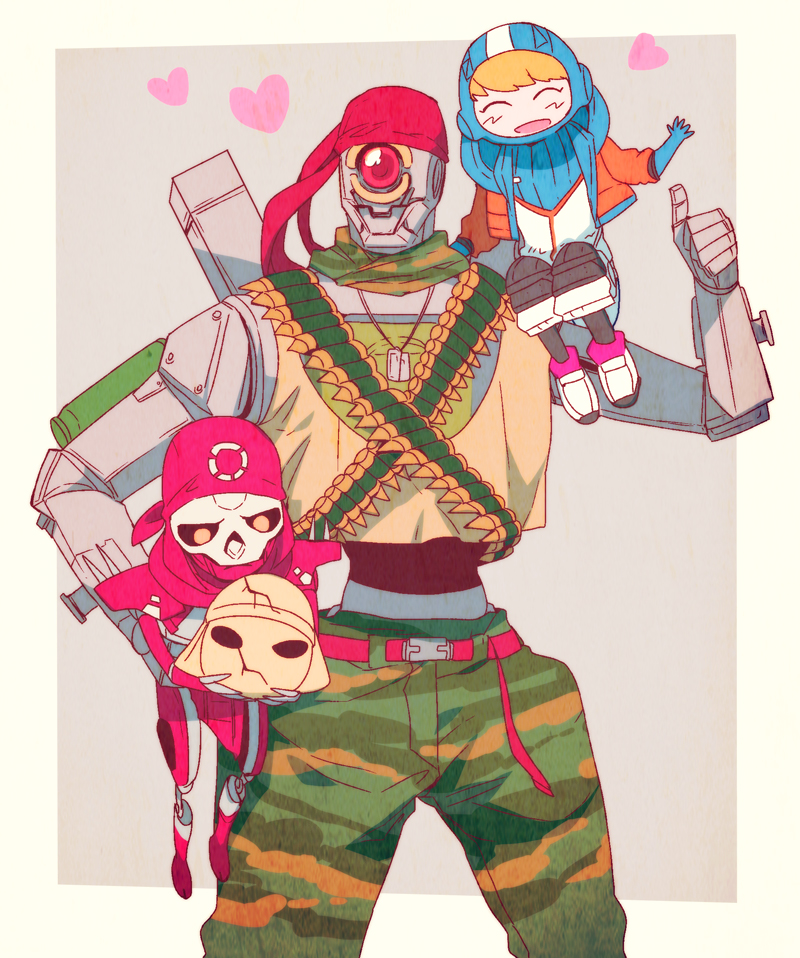 wattson, revenant, pathfinder, classic revenant, and full metal robot pathfinder (apex legends) drawn by mizu_cx