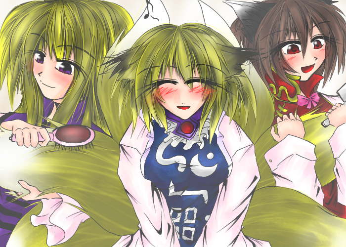 yakumo yukari, yakumo ran, and chen (touhou) drawn by aiba_kinoko_(aozora)