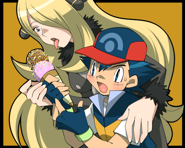 cynthia and ash ketchum (pokemon and 1 more) drawn by amada