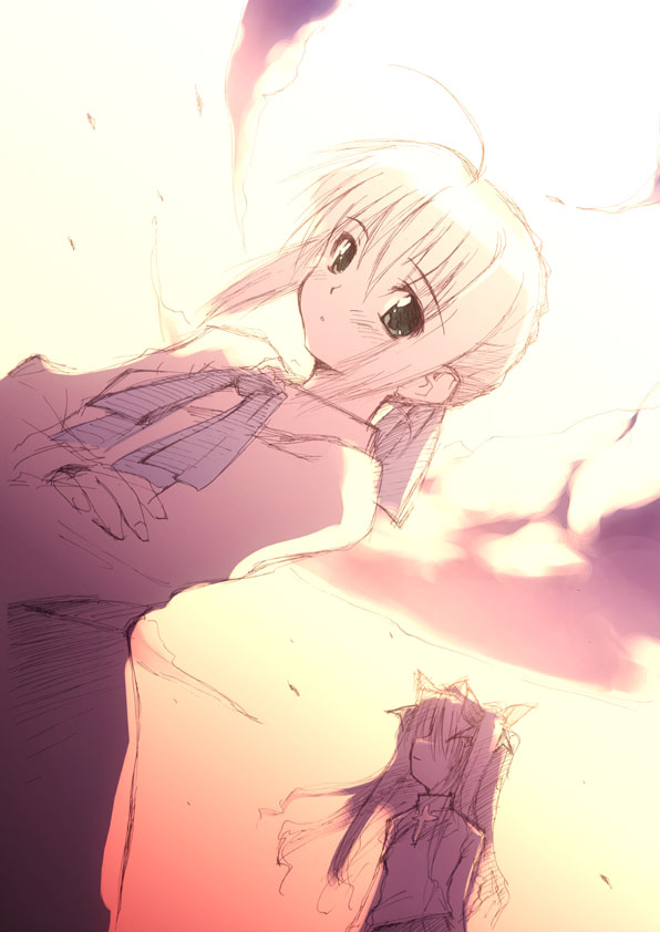 artoria pendragon, saber, and tohsaka rin (fate and 1 more) drawn by moyuru