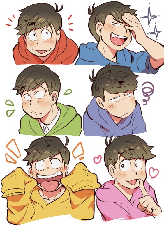 matsuno osomatsu, matsuno karamatsu, matsuno ichimatsu, matsuno jyushimatsu, matsuno choromatsu, and 1 more (osomatsu and 1 more) drawn by sanjiro_(tenshin_anman)