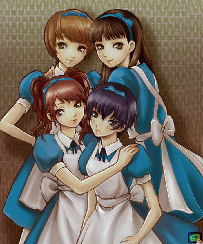alice, shirogane naoto, satonaka chie, kujikawa rise, and amagi yukiko (persona and 2 more) drawn by rasneko