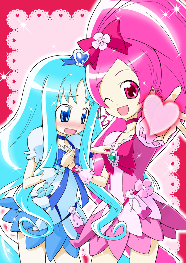 kurumi erika, hanasaki tsubomi, cure marine, and cure blossom (precure and 1 more) drawn by yuuma_(skirthike)