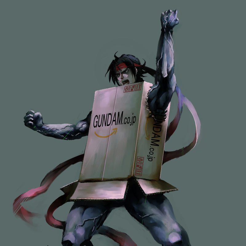 domon kasshu and cardboard box gundam (gundam and 2 more) drawn by homex