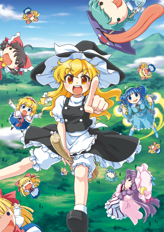 hakurei reimu, kirisame marisa, kochiya sanae, alice margatroid, patchouli knowledge, and 3 more (touhou) drawn by manji_taba