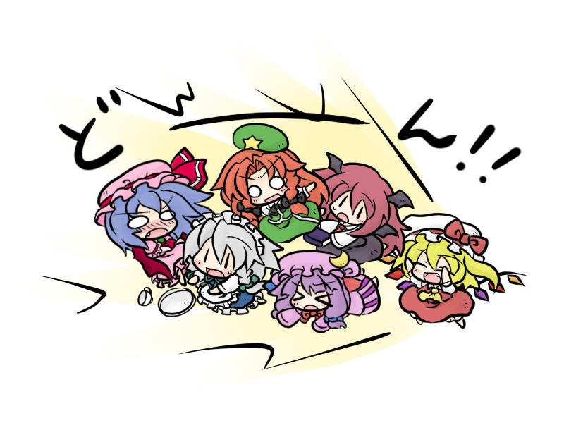 remilia scarlet, flandre scarlet, izayoi sakuya, patchouli knowledge, hong meiling, and 1 more (touhou and 1 more) drawn by yanagi_(nurikoboshi)
