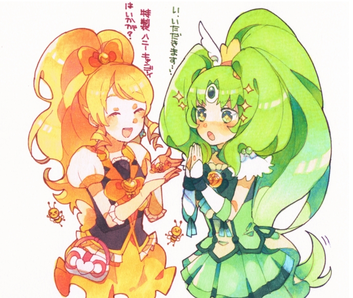 midorikawa nao, cure march, oomori yuuko, and cure honey (precure and 2 more) drawn by hayashi_(kanzume)