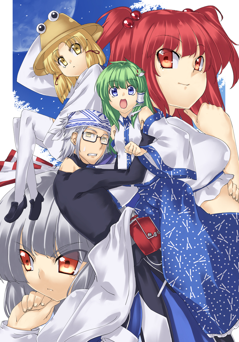 kochiya sanae, fujiwara no mokou, moriya suwako, morichika rinnosuke, and onozuka komachi (touhou) drawn by uemukai_dai