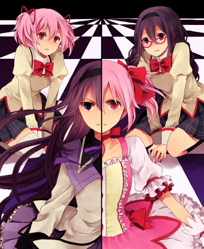akemi homura and kaname madoka (mahou shoujo madoka magica) drawn by ono_(0_no)