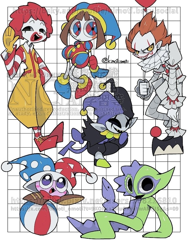 pomni, marx, ronald mcdonald, pennywise, jevil, and 1 more (kirby and 5 more) drawn by kimoti_omoti