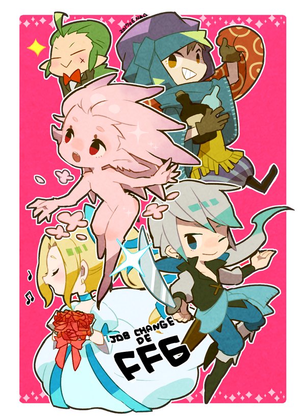 terra branford, celes chere, locke cole, edgar roni figaro, and gau (final fantasy and 1 more) drawn by 73_(naa)