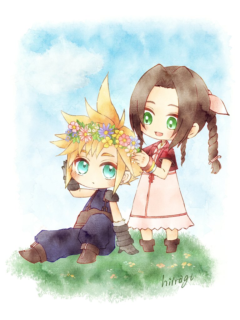 cloud strife and aerith gainsborough (final fantasy and 3 more) drawn by ragisan_3