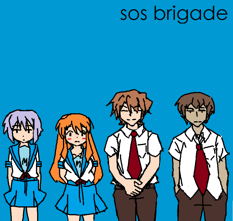 nagato yuki, asahina mikuru, kyon, koizumi itsuki, brian bell, and 3 more (suzumiya haruhi no yuuutsu and 1 more) drawn by pikupuyo
