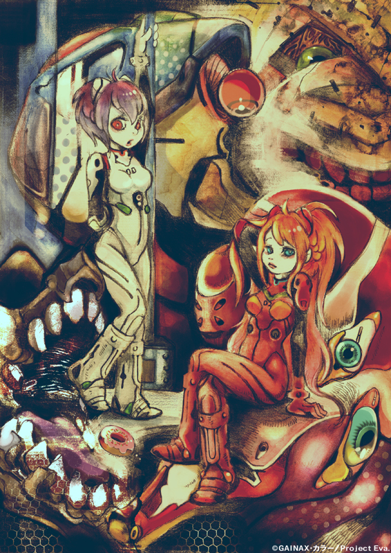 souryuu asuka langley, ayanami rei, eva 02, and eva 00 (neon genesis evangelion) drawn by saiga_akane