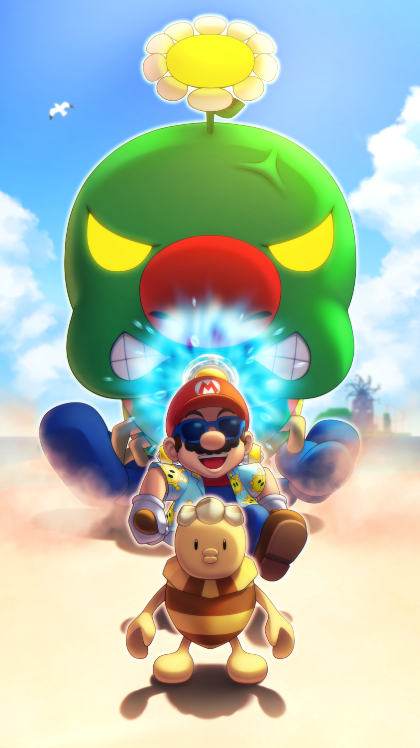 mario, f.l.u.d.d., wiggler, and noki (mario and 1 more) drawn by taba_neruko