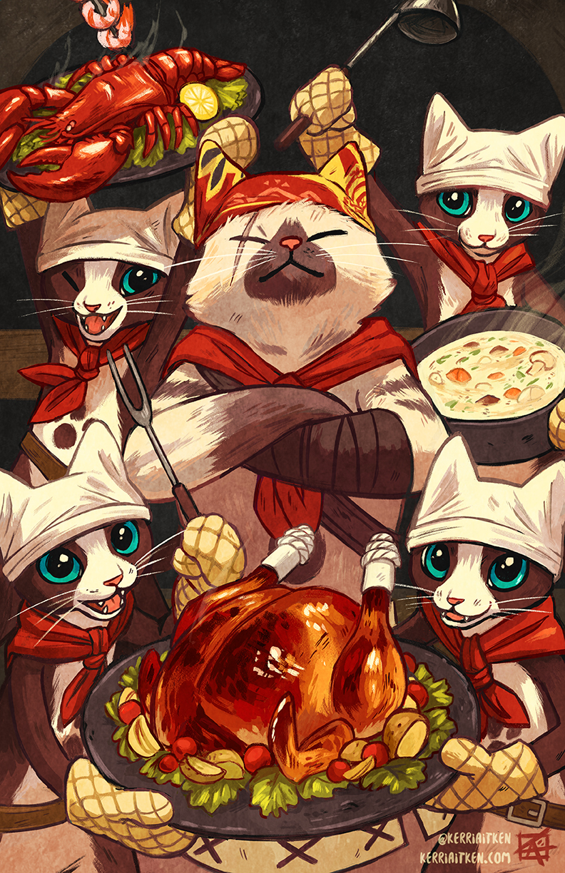 kitchen felyne and meowscular chef (monster hunter and 1 more) drawn by kerri_aitken