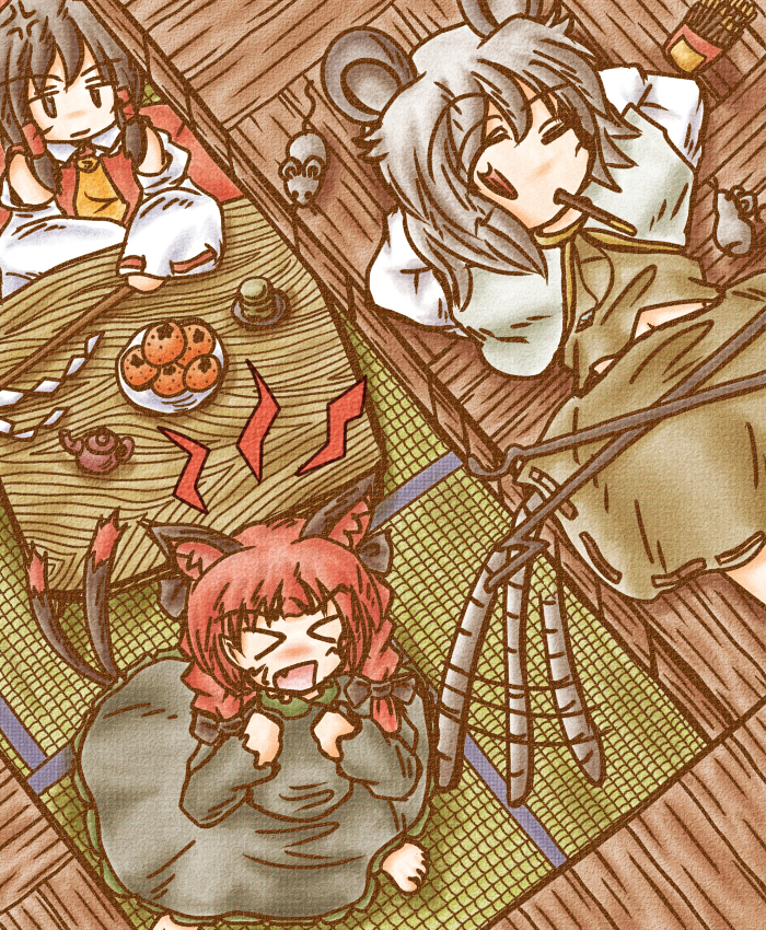 hakurei reimu, kaenbyou rin, and nazrin (touhou) drawn by ys_(ytoskyoku-57)