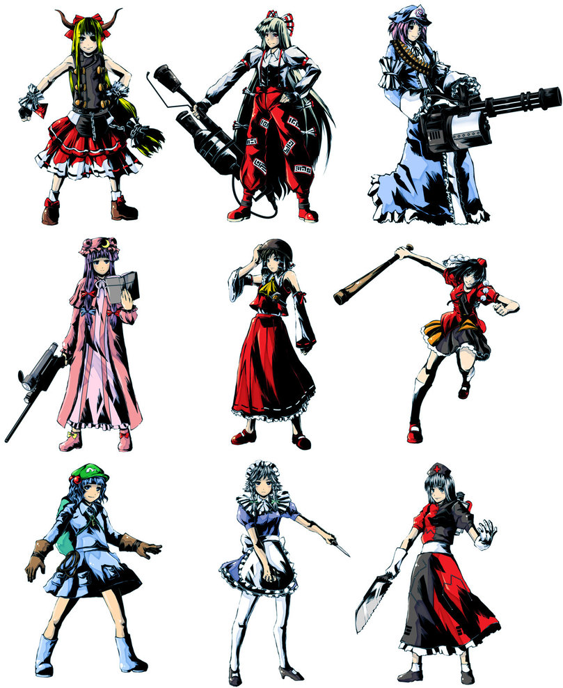 hakurei reimu, izayoi sakuya, patchouli knowledge, shameimaru aya, fujiwara no mokou, and 13 more (touhou and 1 more) drawn by niandni