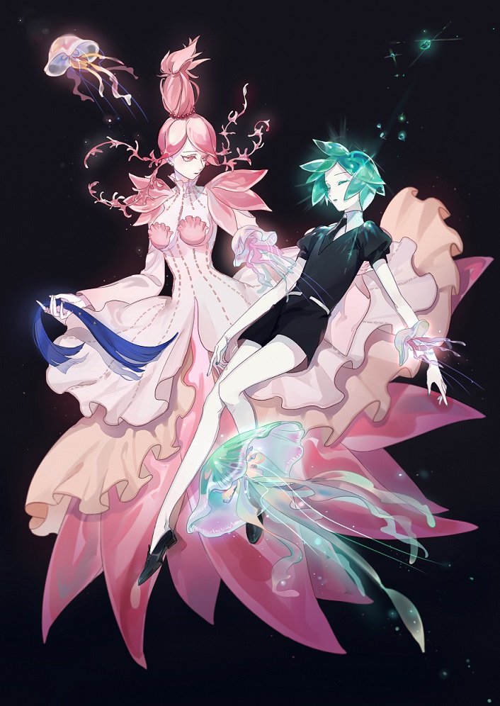 phosphophyllite and ventricosus (houseki no kuni) drawn by sanmen