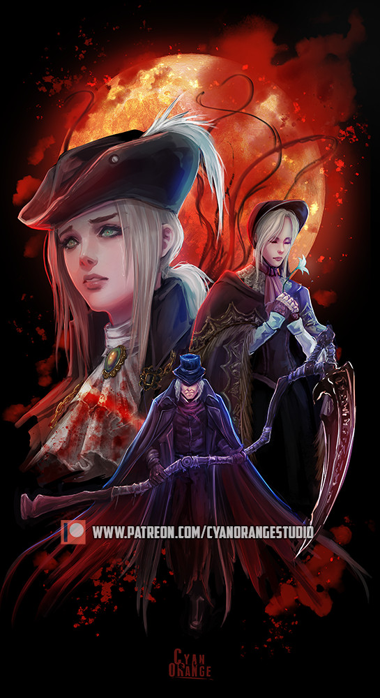 plain doll, lady maria of the astral clocktower, and gehrman the first hunter (bloodborne) drawn by cyan-orange-studio