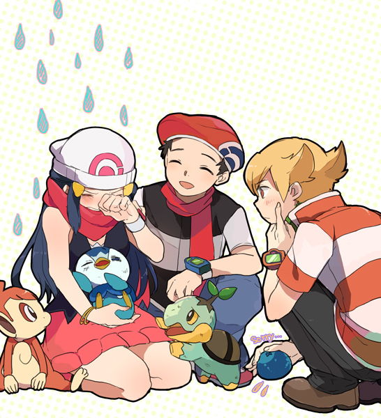 dawn, piplup, lucas, barry, turtwig, and 1 more (pokemon and 2 more) drawn by onaramaru