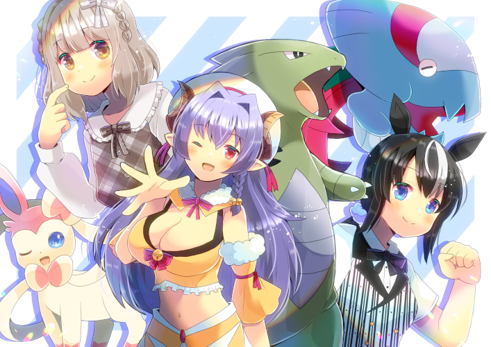 sylveon, tyranitar, dracovish, sakuraba oto, kogyuu buna, and 1 more (pokemon and 1 more) drawn by kou_hiyoyo