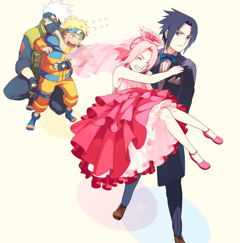 haruno sakura, uzumaki naruto, uchiha sasuke, and hatake kakashi (naruto) drawn by oba-min