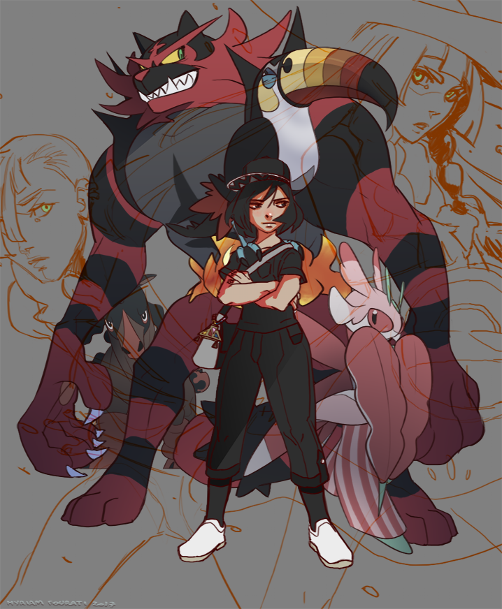 lillie, selene, gladion, incineroar, lurantis, and 2 more (pokemon and 1 more) drawn by neosmashdx