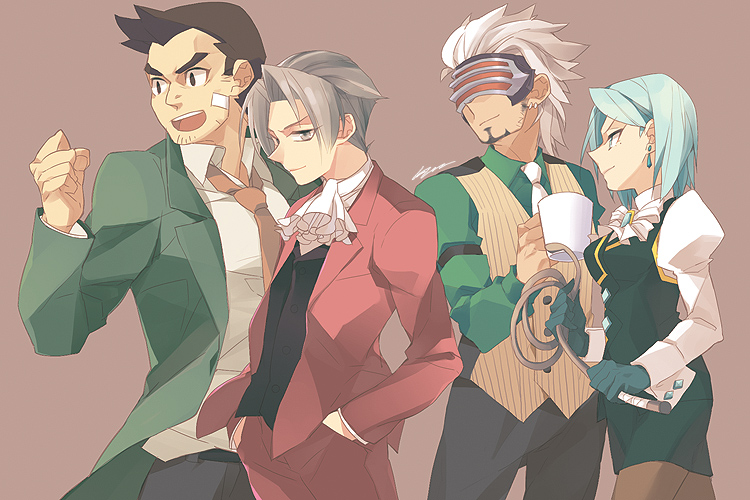 miles edgeworth, franziska von karma, dick gumshoe, and godot (ace attorney and 1 more) drawn by genes