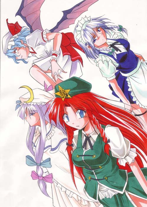 remilia scarlet, izayoi sakuya, patchouli knowledge, and hong meiling (touhou) drawn by angeldust
