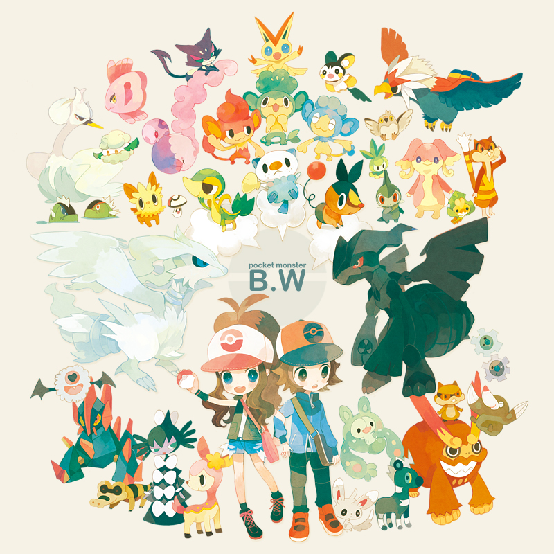 hilda, hilbert, oshawott, snivy, tepig, and 35 more (pokemon and 1 more) drawn by pechika