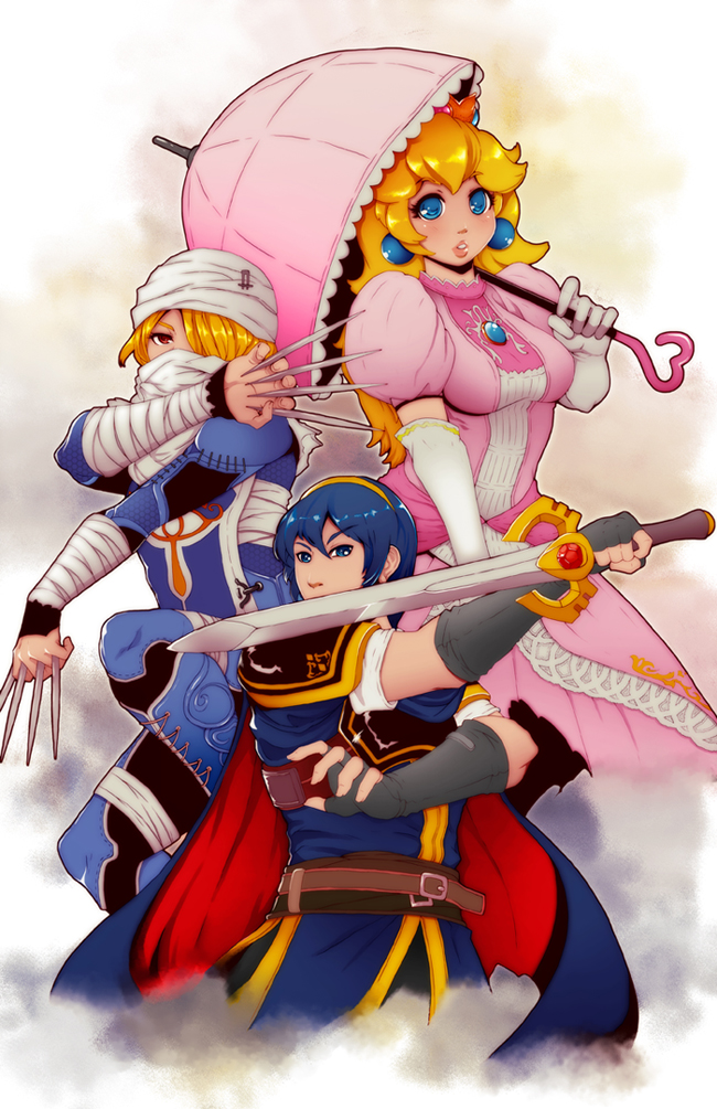 princess peach, marth, and sheik (fire emblem and 6 more) drawn by niandni