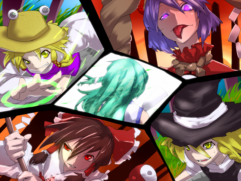 hakurei reimu, kirisame marisa, kochiya sanae, moriya suwako, yasaka kanako, and 1 more (touhou and 1 more) drawn by soubi