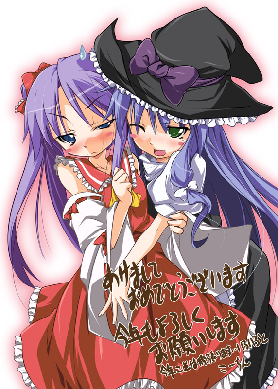 hakurei reimu, kirisame marisa, hiiragi kagami, and izumi konata (touhou and 1 more) drawn by ko-chin