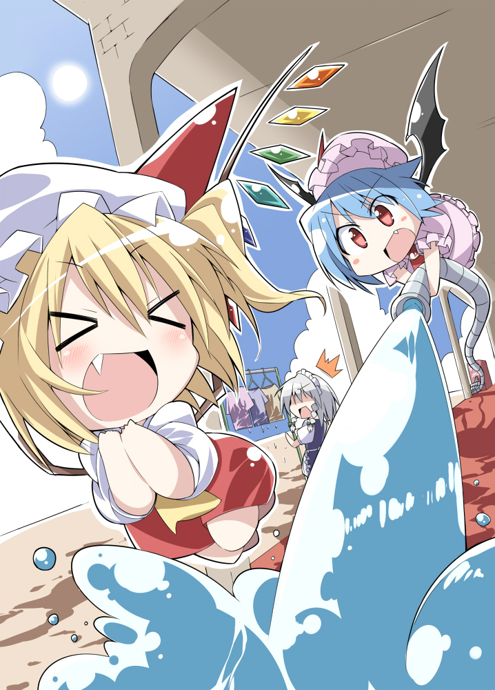 remilia scarlet, flandre scarlet, and izayoi sakuya (touhou) drawn by bibi02